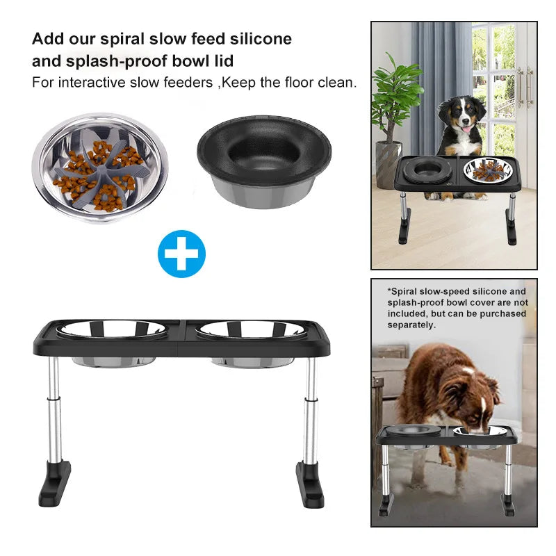 Dog Feeder Height Adjustable Dog Bowl Non-Slip Slow Feeder Tall Dog Bowl Stand With 2 Steel Bowls To Health